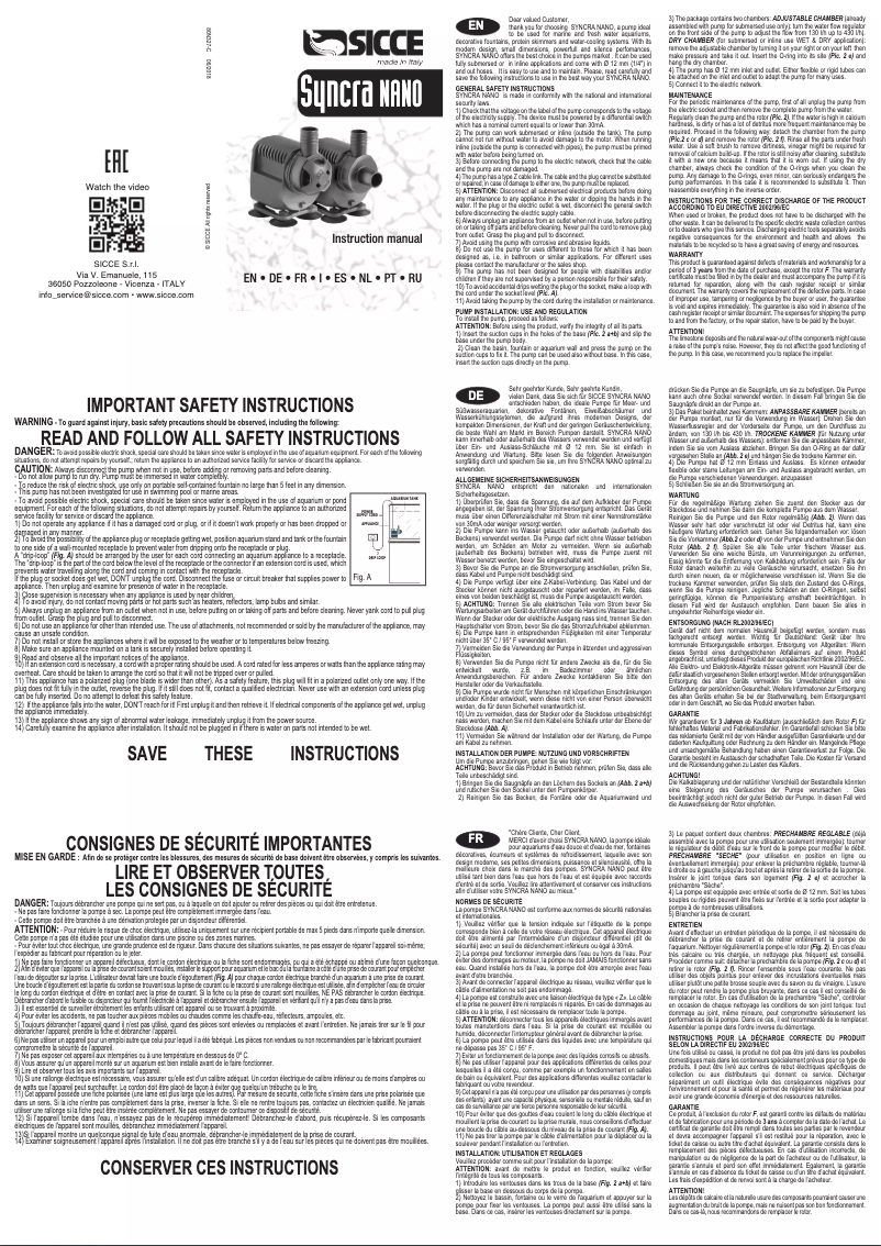 Page 1 de la notice Manuel utilisateur Sicce Syncra Nano