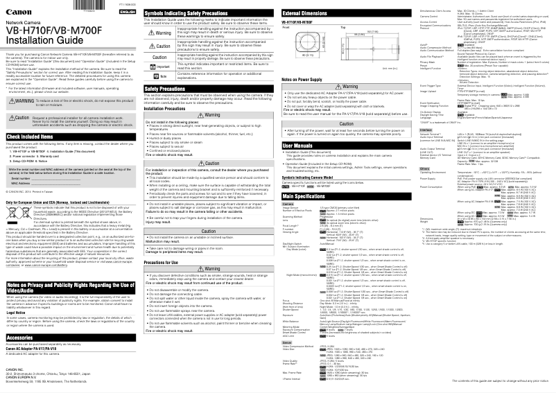 Page 1 de la notice Guide d'installation Canon VB-H710F
