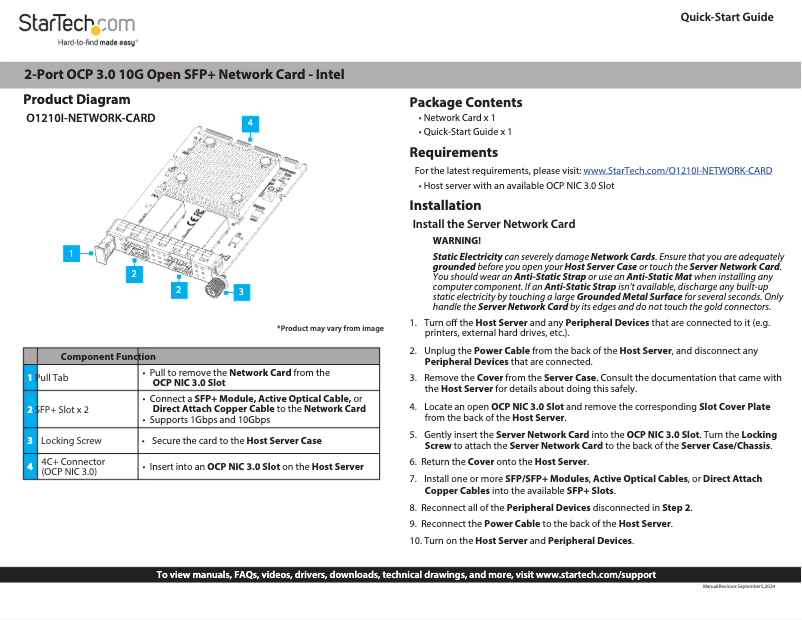 Page n°1 - Manuel utilisateur StarTech.com O1210I-NETWORK-CARD