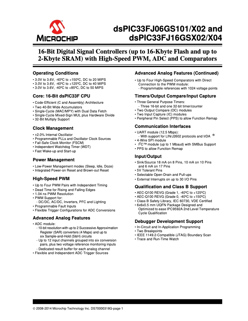 Page 1 de la notice Fiche technique Microchip dsPIC33FJ16GS404