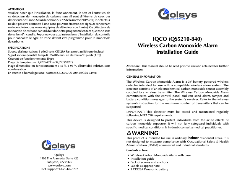 Page n°1 - Manuel utilisateur Qolsys QS5210-840