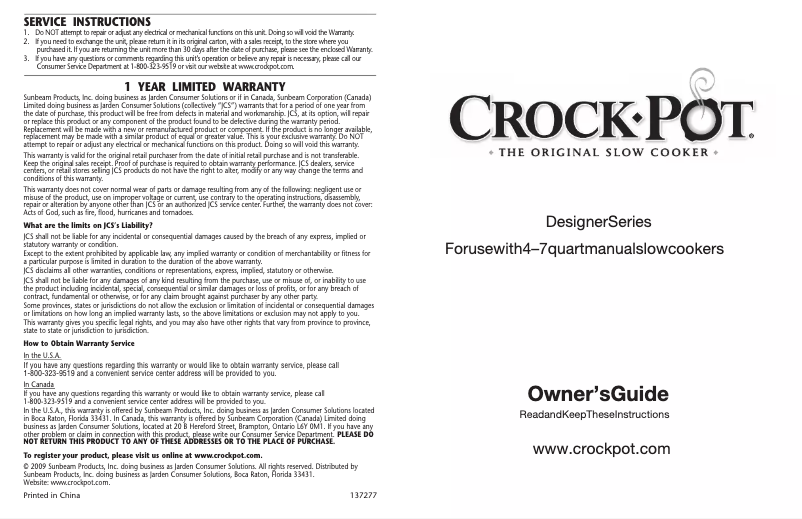 Page 1 de la notice Manuel utilisateur Crock-Pot Designer SCCPTM600-S