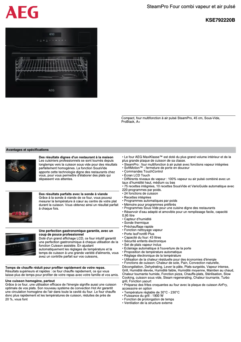 Page 1 de la notice Fiche technique AEG KSE792220B