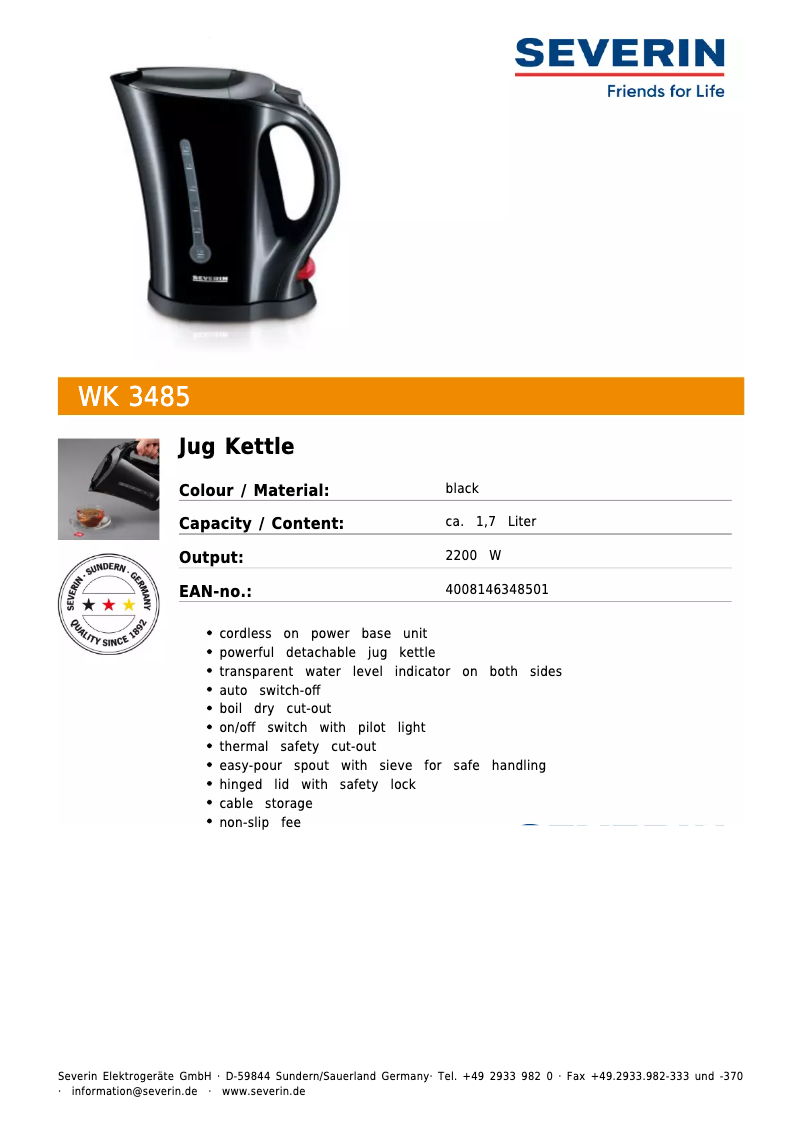 Page 1 de la notice Fiche technique Severin WK 3485