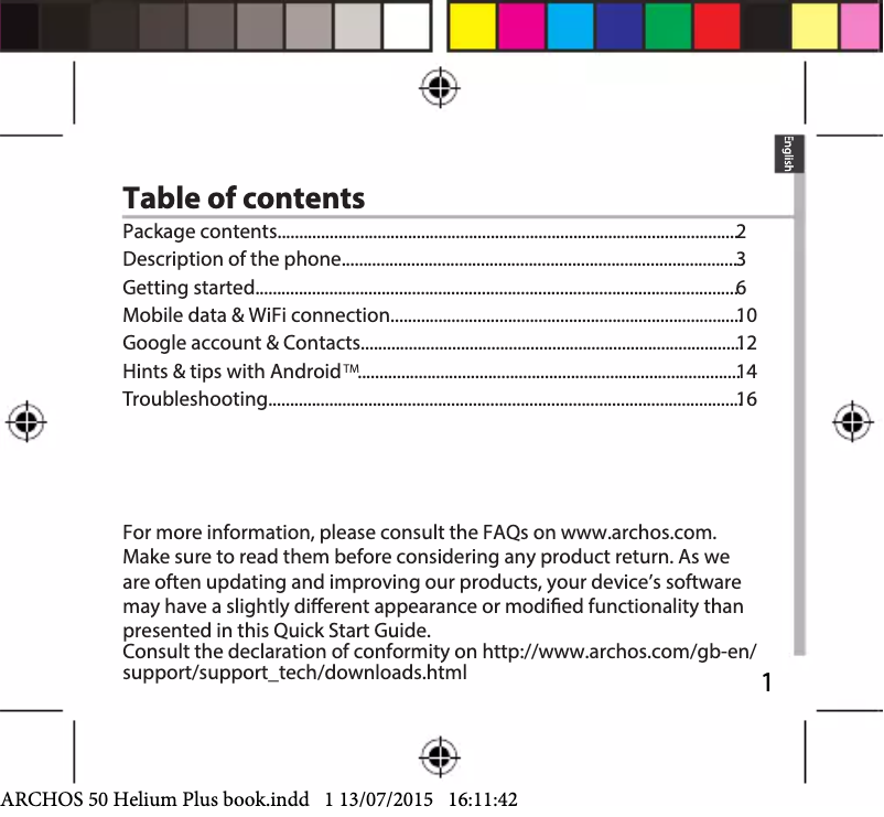 Page 1 de la notice Manuel utilisateur Archos 50 Helium Plus