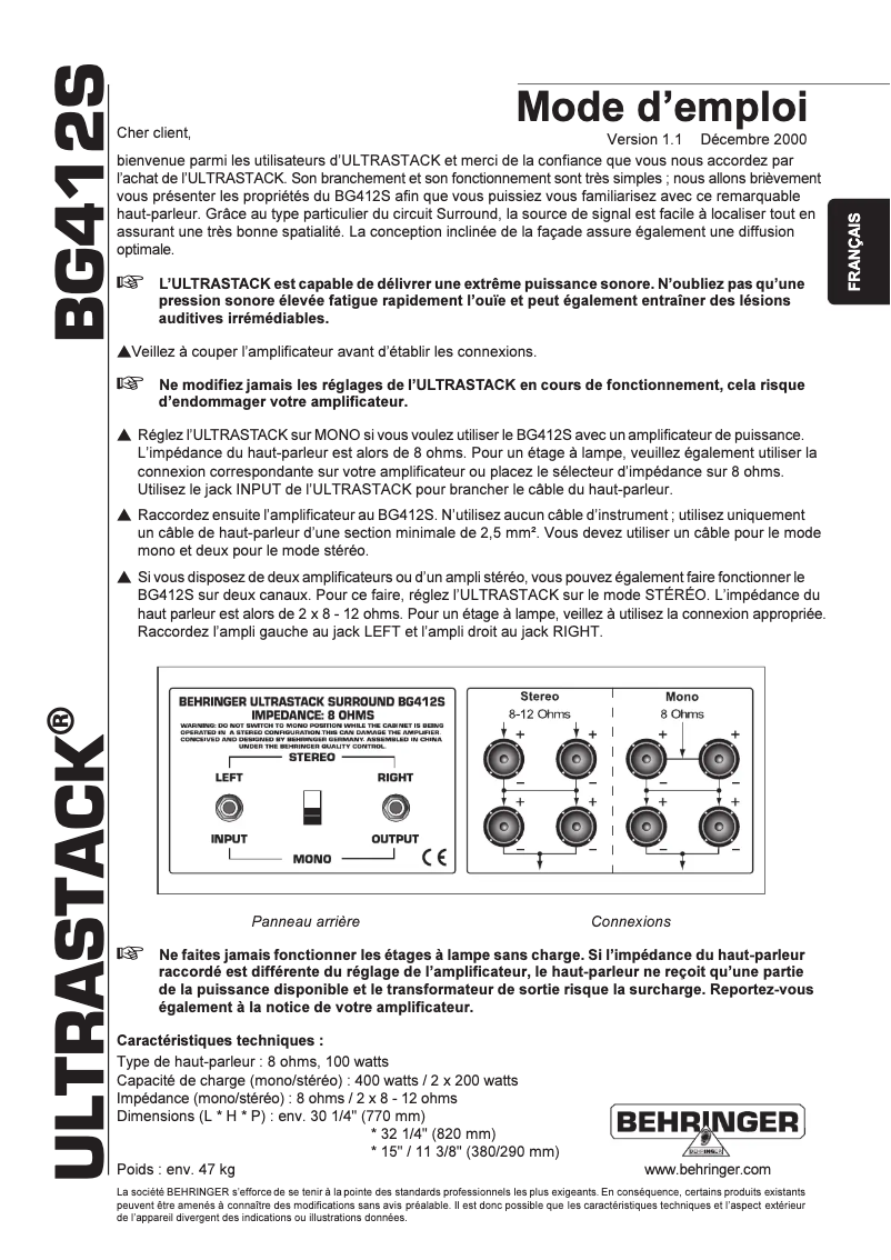 Page 1 de la notice Manuel utilisateur Behringer Ultrastack BG412S