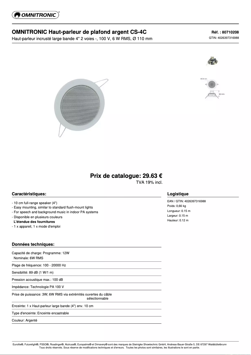 Page n°1 - Fiche technique Omnitronic CS-4C