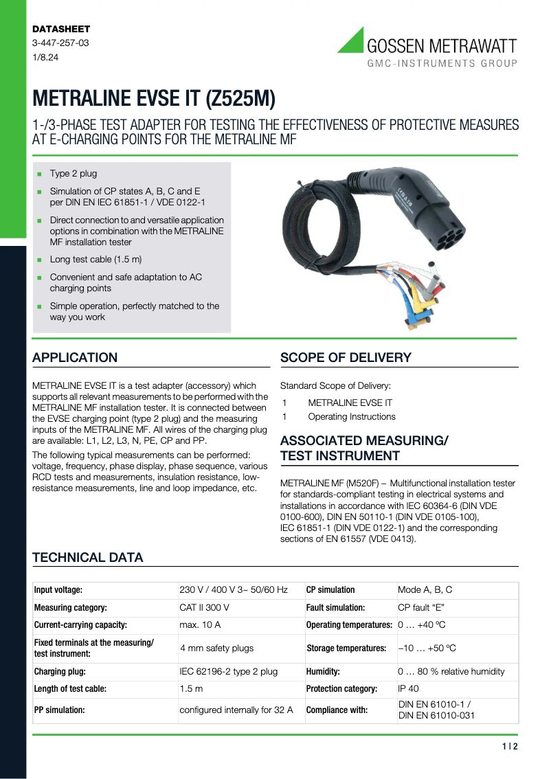 Page 1 de la notice Fiche technique Gossen Metrawatt METRALINE EVSE IT Z525M