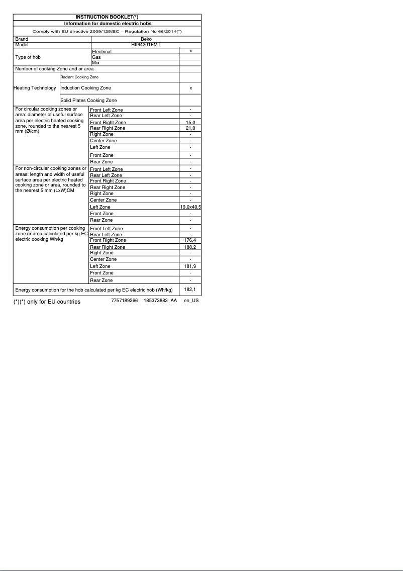 Page 1 de la notice Fiche technique Beko HII64201FMT