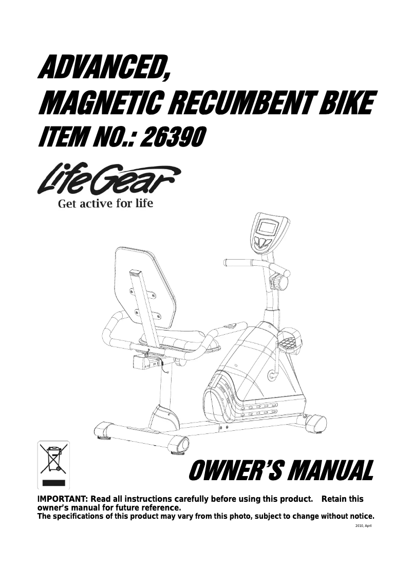 Page n°1 - Manuel utilisateur Life Gear Advanced Magnetic Recumbent Bike 26390