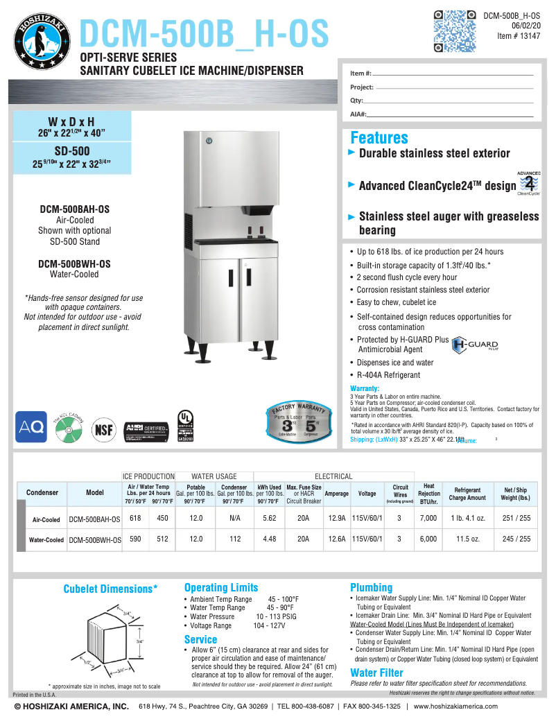 Page 1 de la notice Fiche technique Hoshizaki DCM-500BAH-OS