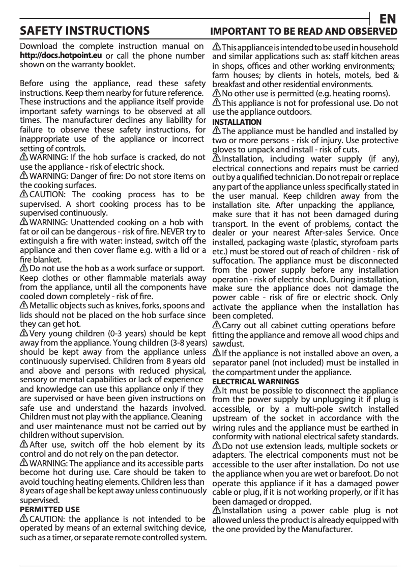 Page 1 de la notice Instructions / montage Hotpoint TS 3560F CPNE