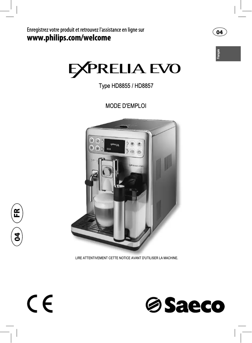Image de la première page du manuel de l'appareil Saeco Exprelia Evo HD8857