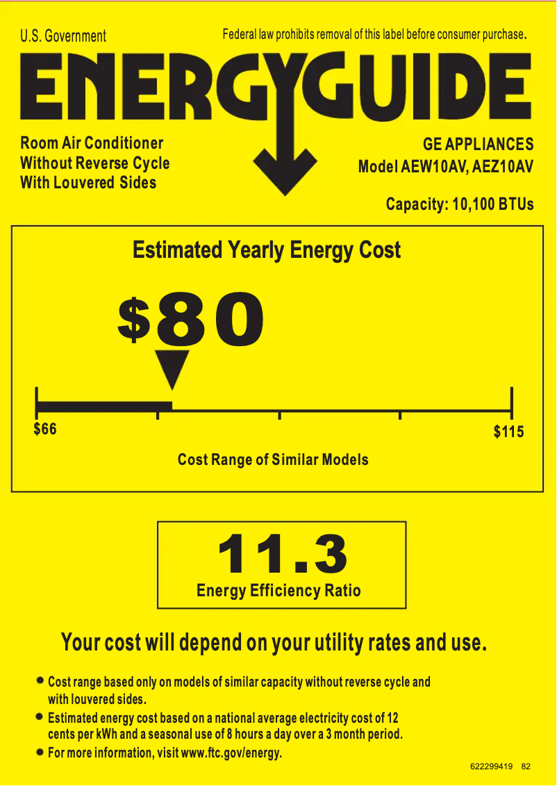 Page 1 de la notice Label énergétique GE AEW10AV