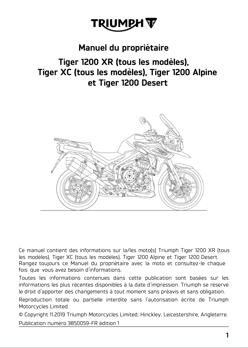 Image de la première page du manuel de l'appareil Tiger 1200 XCA (2020)