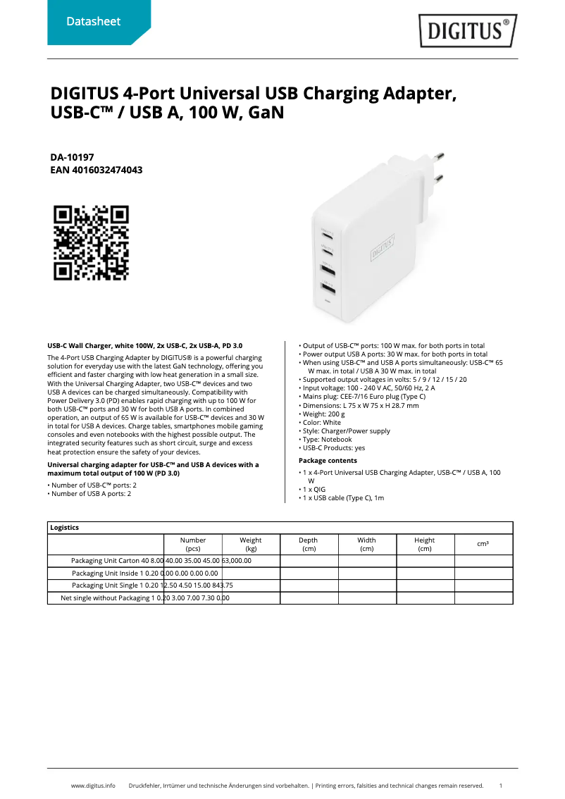 Page 1 de la notice Fiche technique Digitus DA-10197