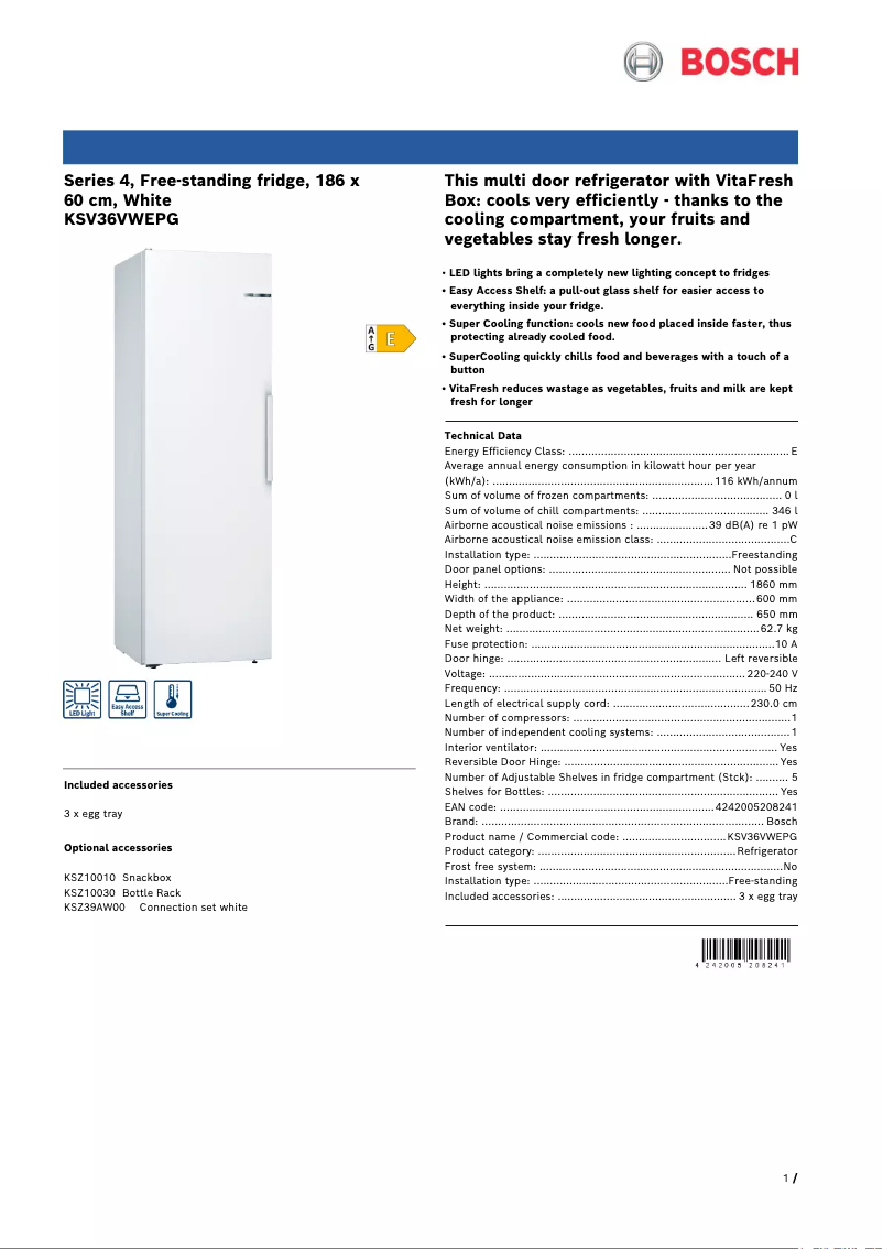 Page n°1 - Fiche technique Bosch KSV36VWEPG