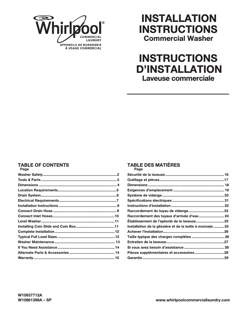 Page 1 de la notice Guide d'installation Whirlpool CAE2745FQ