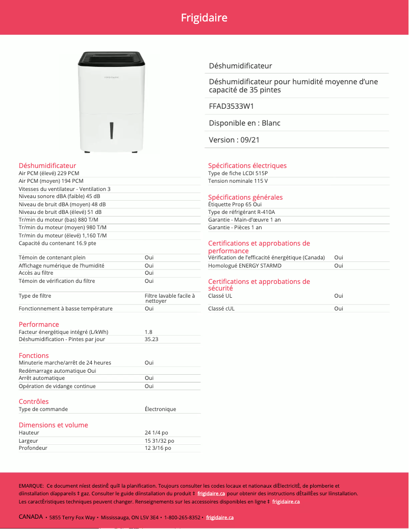 Page 1 de la notice Fiche technique Frigidaire FFAD3533W1