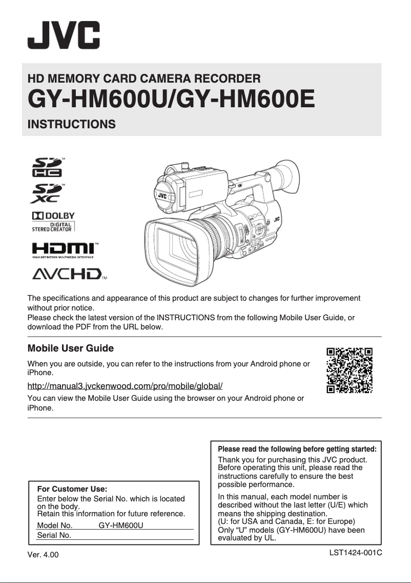 Page 1 de la notice Manuel utilisateur JVC GY-HM600E