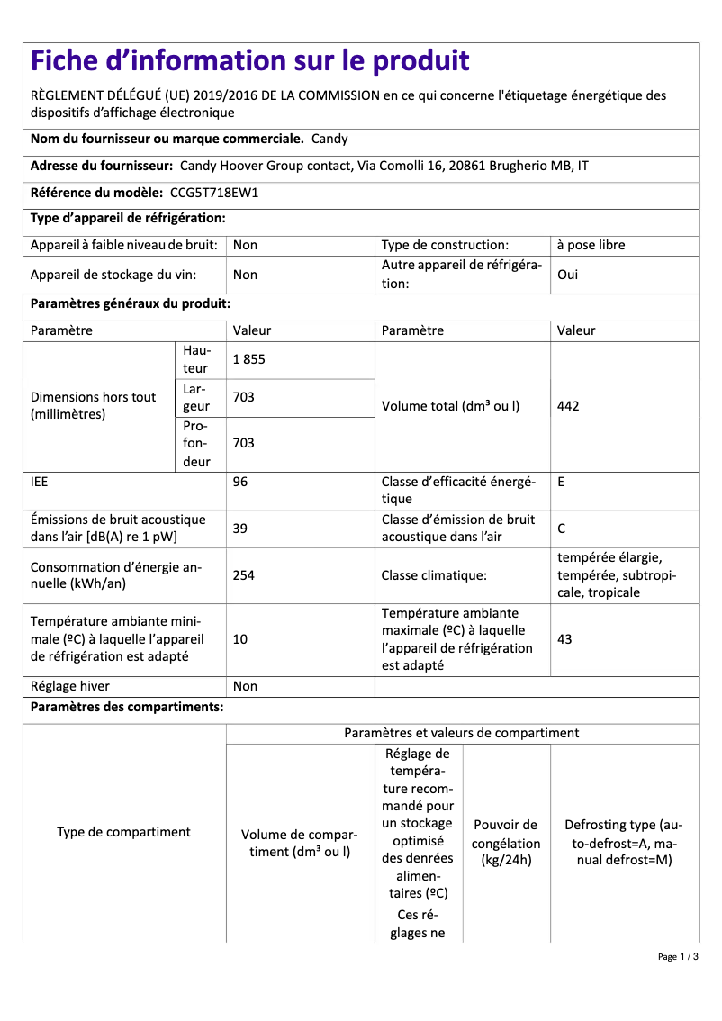 Page n°1 - Fiche technique Candy CCG5T718EW1