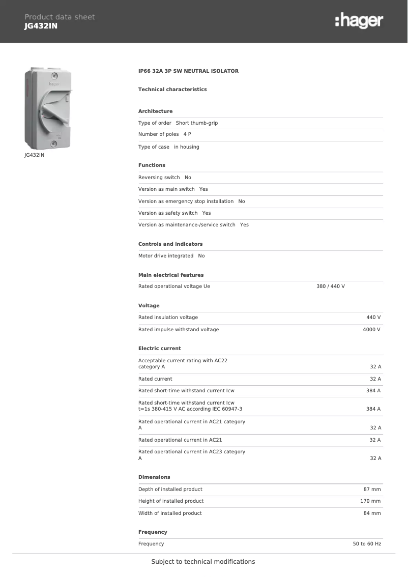 Page 1 de la notice Fiche technique Hager JG432IN