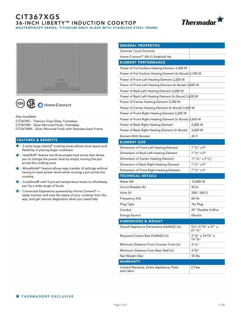 Page 1 de la notice Fiche technique Thermador CIT367XGS