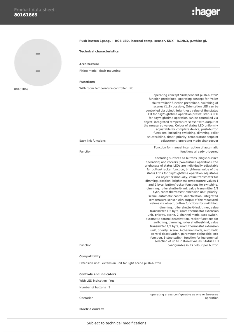 Page 1 de la notice Fiche technique Berker 80161869