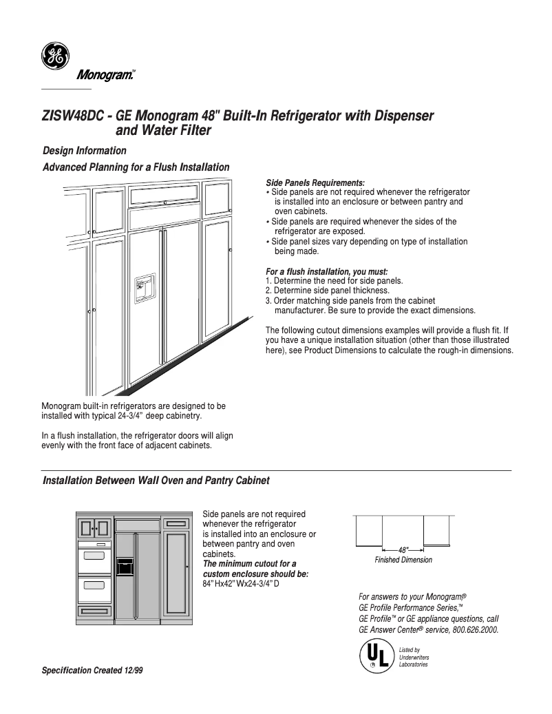 Page 1 of the manual Technical Sheet GE ZISW48DC