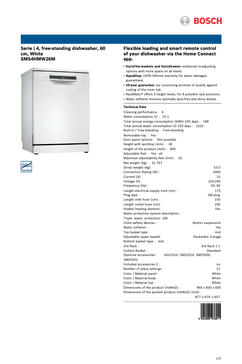 Page 1 de la notice Fiche technique Bosch SMS4HMW26M