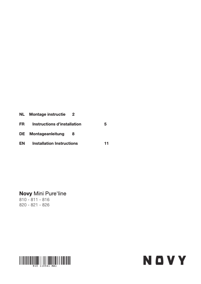 Page 1 de la notice Guide d'installation Novy Pure'line Mini 826