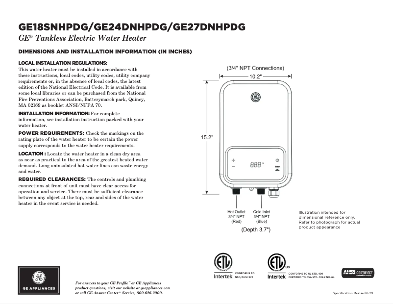 Page 1 de la notice Fiche technique GE GE27DNHPDG