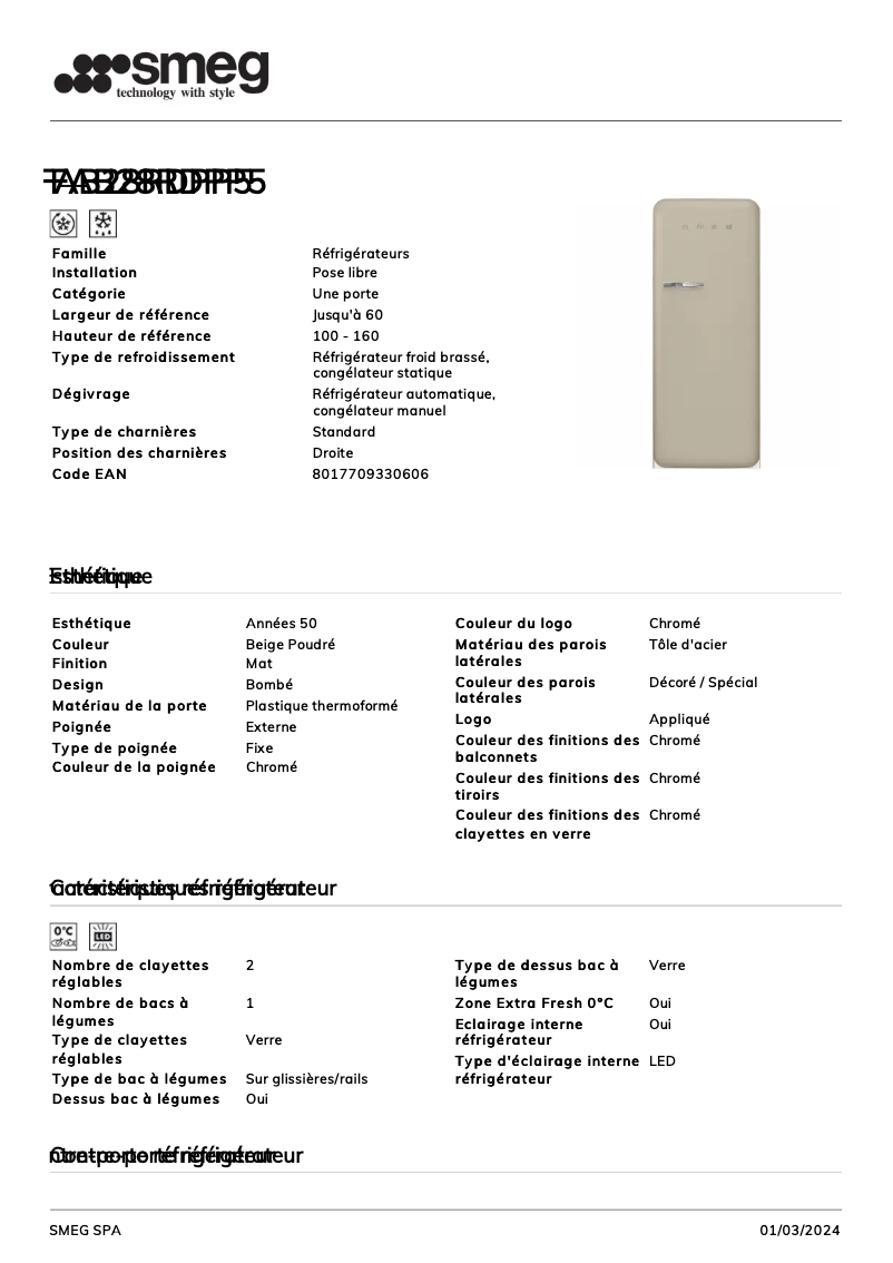 Page n°1 - Fiche technique Smeg FAB28RDPP5
