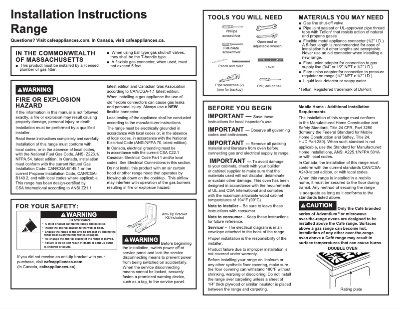 Page 1 of the manual Installation Guide GE Café CGS995EELDS