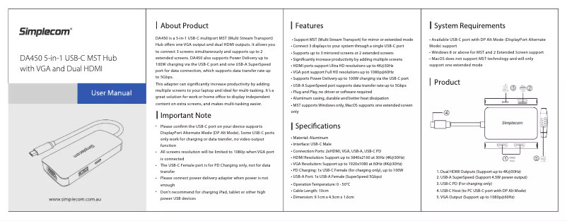 Page 1 de la notice Manuel utilisateur Simplecom DA450