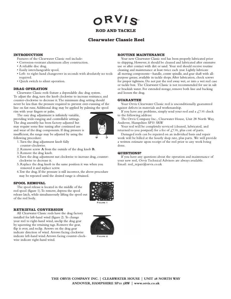 Page 1 de la notice Manuel utilisateur Orvis Classic Clearwater II