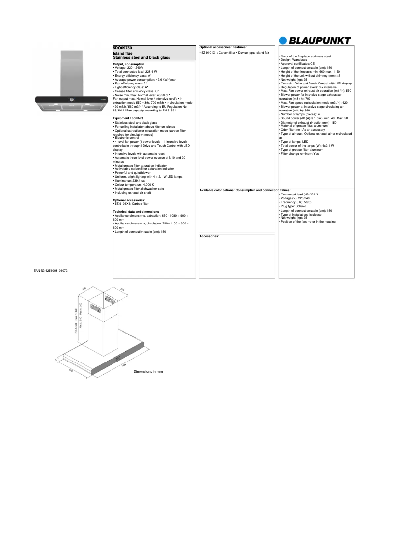 Page 1 de la notice Fiche technique Blaupunkt 5DO69750