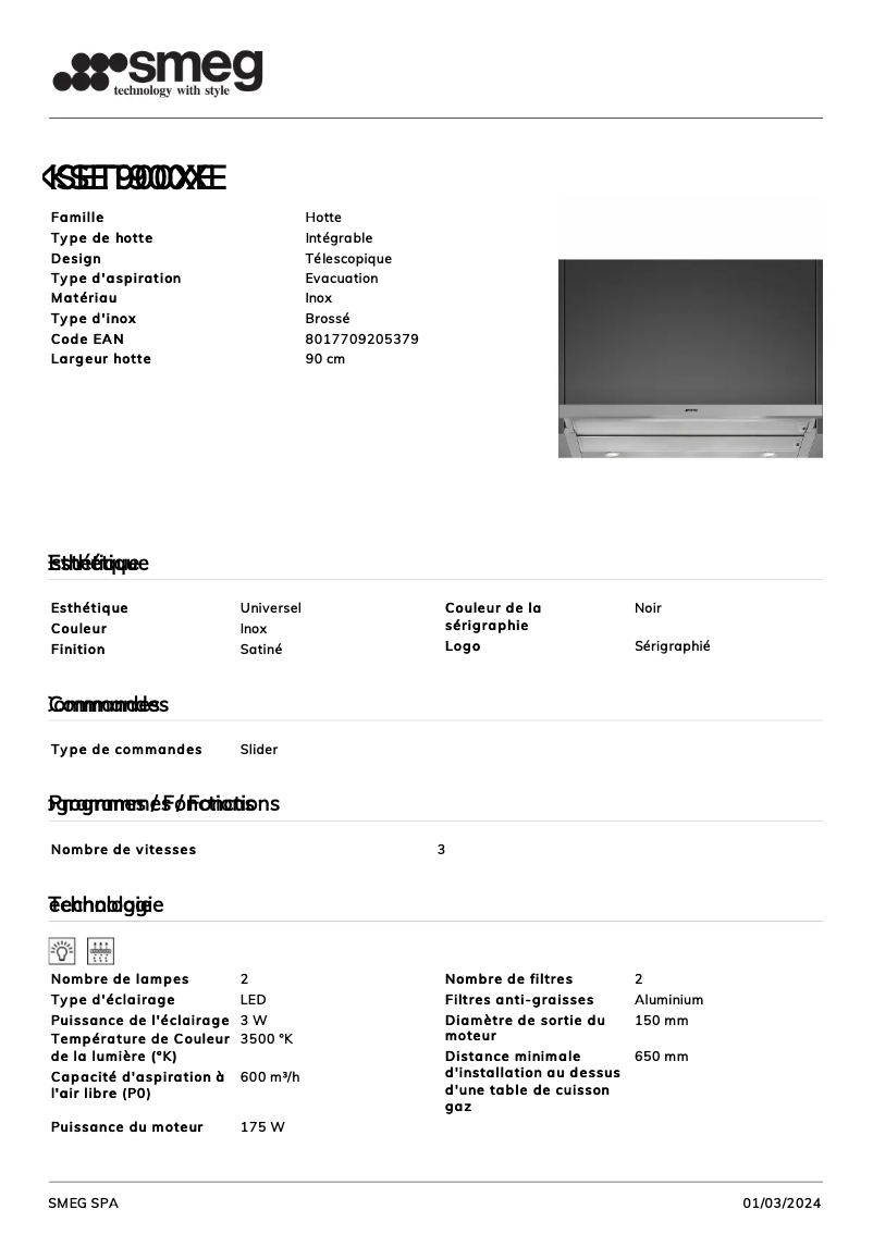 Page 1 de la notice Fiche technique Smeg KSET900XE
