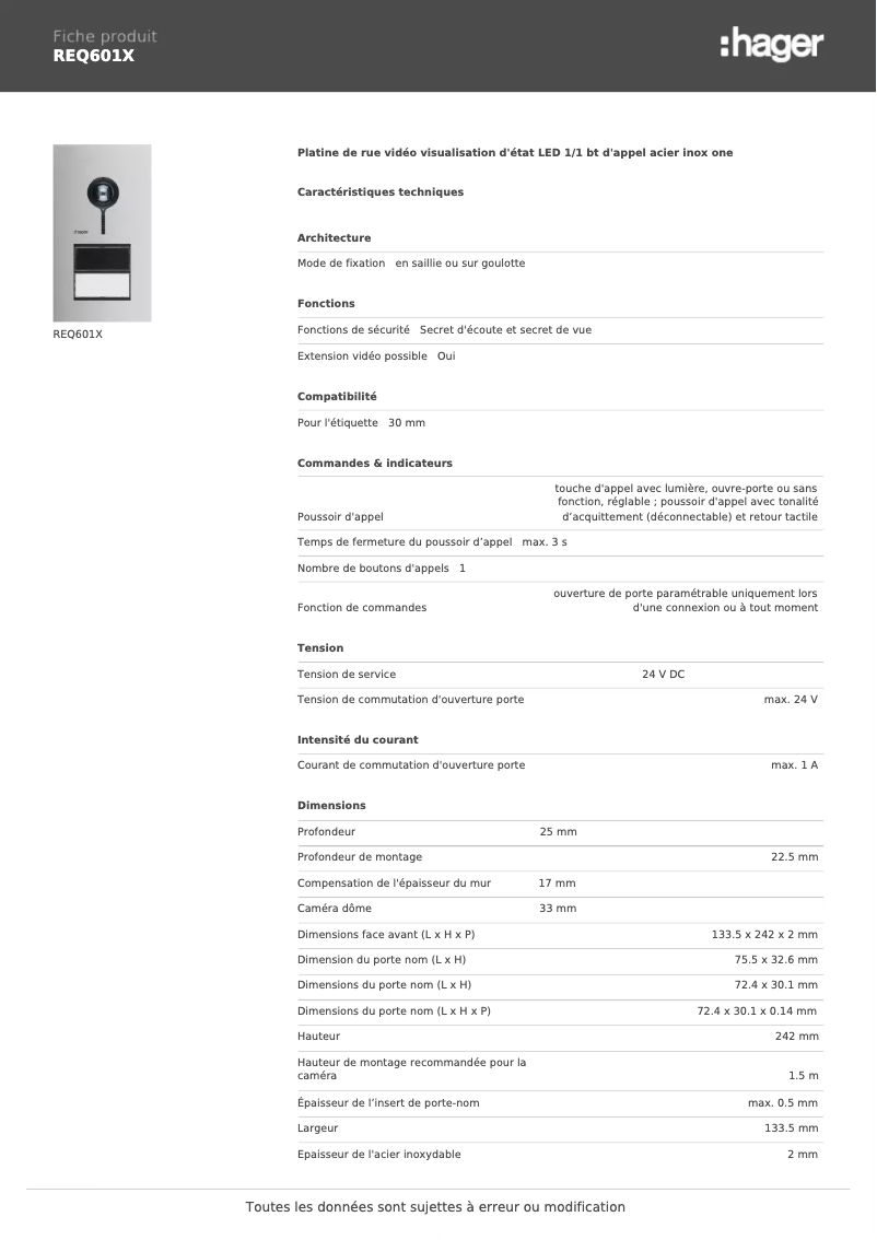 Page 1 de la notice Fiche technique Hager REQ601X