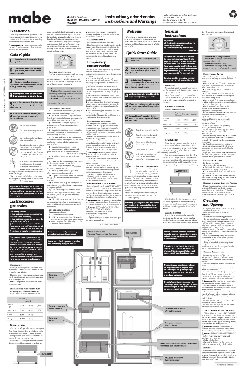 Page 1 de la notice Manuel utilisateur Mabe RMA1025VMXJ0