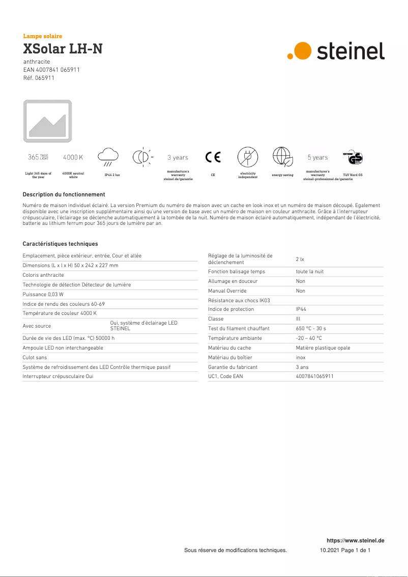 Page n°1 - Fiche technique Steinel My XSolar LH