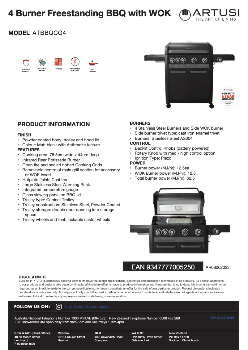 Page 1 de la notice Fiche technique Artusi ATBBQCG4