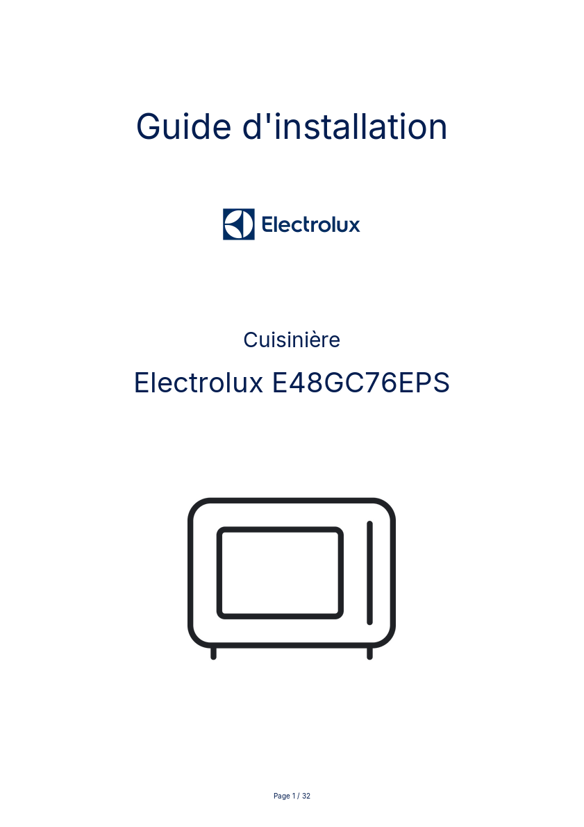 Page n°1 - Guide d'installation Electrolux E48GC76EPS