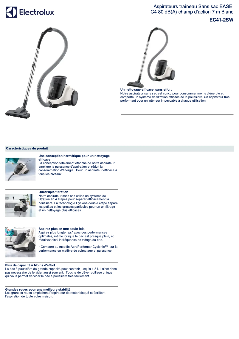 Page n°1 - Fiche technique Electrolux Ease C4 EC41-2SW