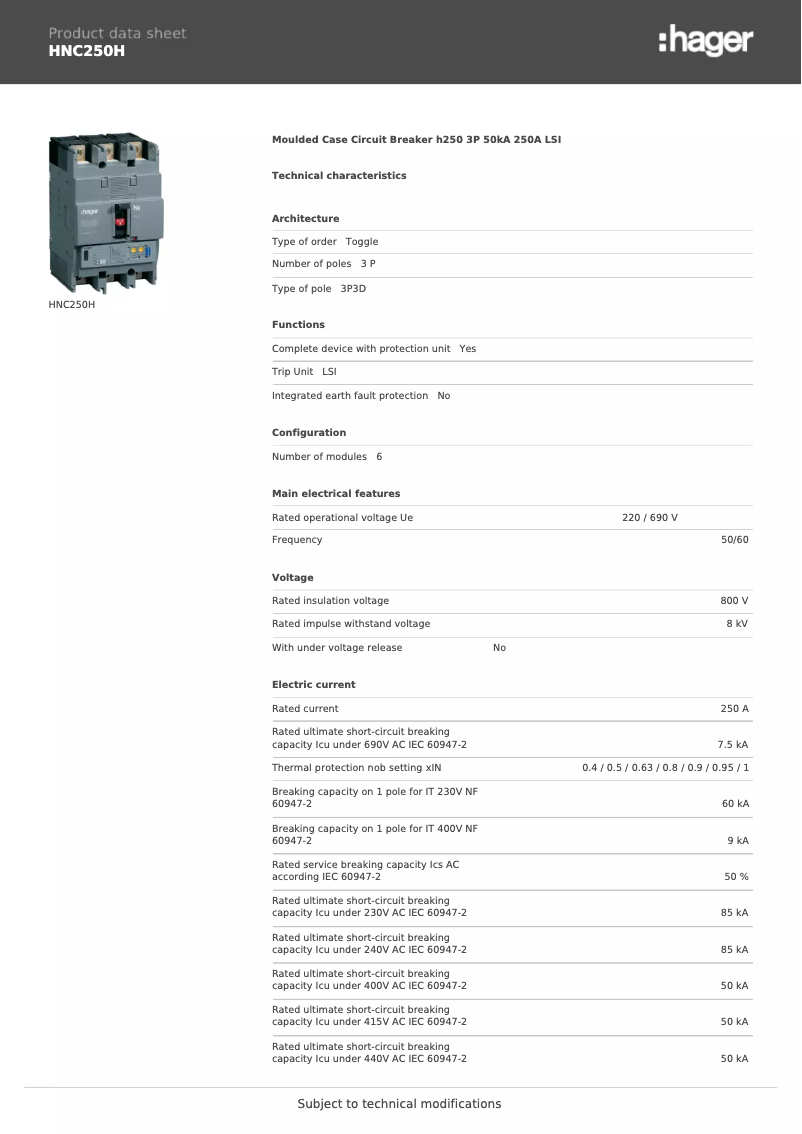 Page 1 de la notice Fiche technique Hager HNC250H