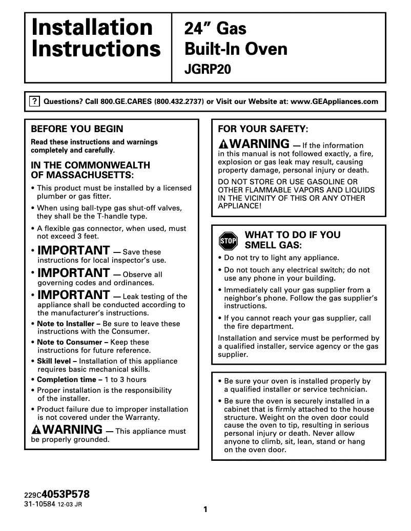 Page 1 de la notice Instructions / montage GE JGRP20BEJBB
