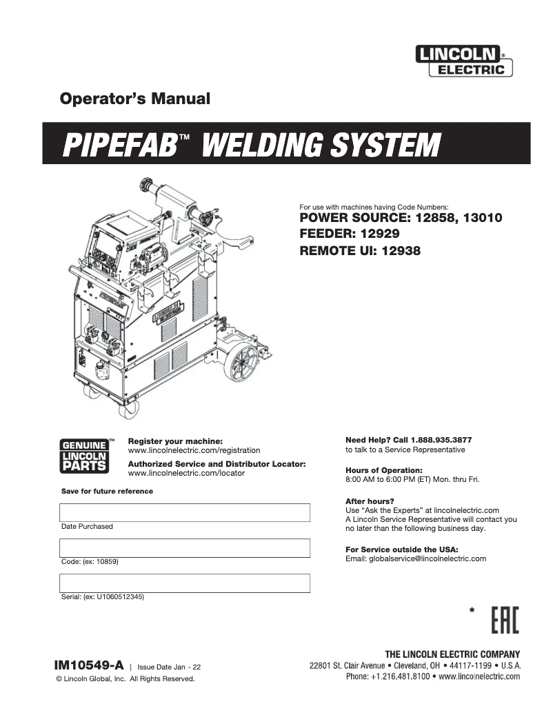 Page n°1 - Manuel utilisateur Lincoln Electric Pipefab