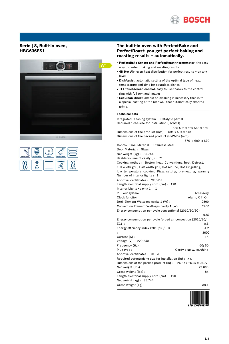 Page 1 de la notice Fiche technique Bosch HBG636ES1
