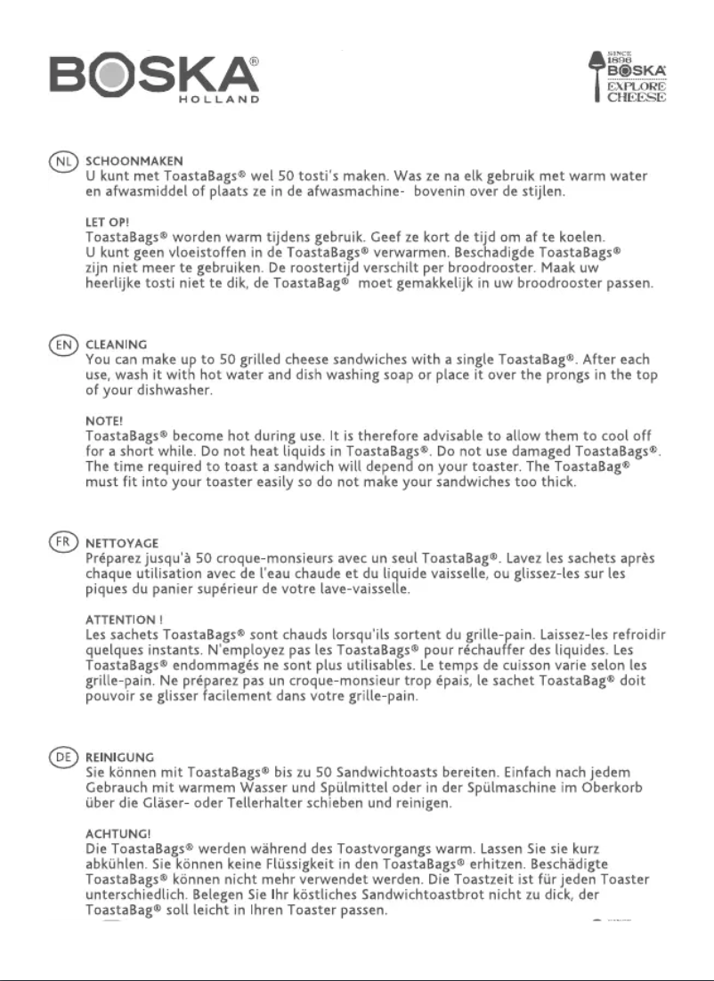 Page 1 de la notice Manuel utilisateur Boska Toastabags