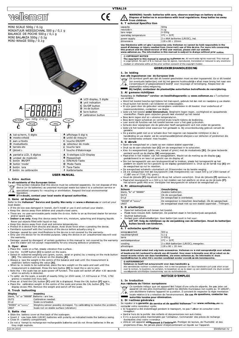 Page 1 de la notice Manuel utilisateur Velleman VTBAL16